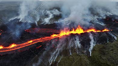 Volcano eruption in 2023, Red burning lava erupts from the ground in Iceland. Formation of a new active volcano. Aerial
