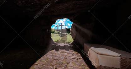 Jesus Christ resurrection and three crosses on the hill from inside the grave