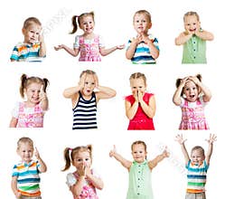 collection of kids with different emotions isolated on white background
