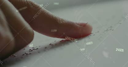 Animation of numbers over caucasian schoolchild reading braille