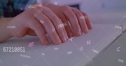 Animation of letters and numbers over caucasian schoolchild reading braille