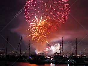 Summer fireworks in harbor scenery of Sydney Australia