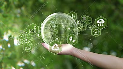 Ecology icon concept. ESG environment, society and governance. Saving the planet in the hands of humans on green