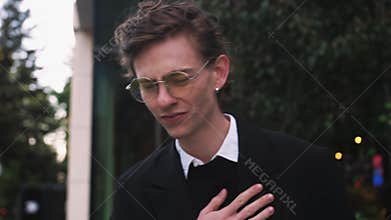 Male portrait sad caucasian man sick guy outdoors coughing covering mouth with hand sore throat problems with breathing