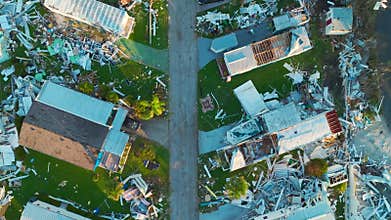 Badly damaged mobile homes after hurricane Ian in Florida residential area. Consequences of natural disaster