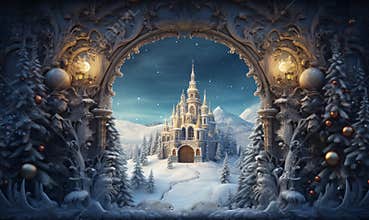 A magical view of a snowy castle in a winter forest. Enter through the Christmas gate into a fairyland