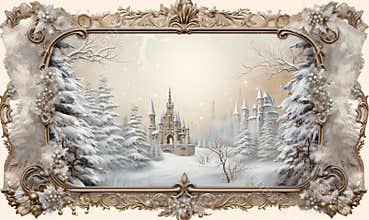 Fantasy christmas vintage frame with snow-covered castle in a winter forest is a fairytale christmas scene.
