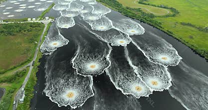 Aerial view of industrial sediment aeration pond at Brunswick cellulose and paper plant in Georgia, USA. Toxic influence