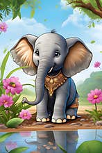 A cute baby elephant sitting on the mud with tree and wild flowers, cartoon character, animal, adorable