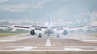 Large boeing commercial airplane landing on runway, passenger landed safely. Journey abroad tourism, oversea travel flight
