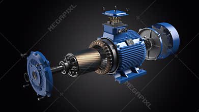 Electric motor parts and structure in a motion on black background. 3d animation