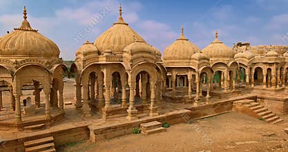 Bada bagh cenotaphs tomb mausoleum made of sandstone in Indian Thar desert. Jaisalmer, Rajasthan, India