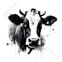 Black and white watercolor painting of a cow on a white background. Farm animals