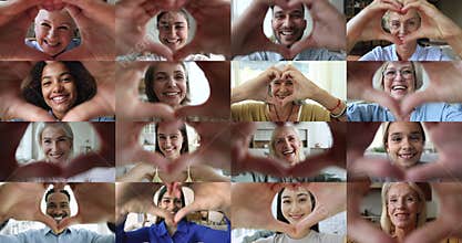 Collage of faces of different people showing symbol of love