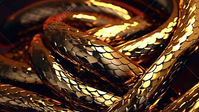 Solid Gold Snake Coils Moving. Mesmerizing Shiny Metallic Dragon Scales Slithering. Looping.