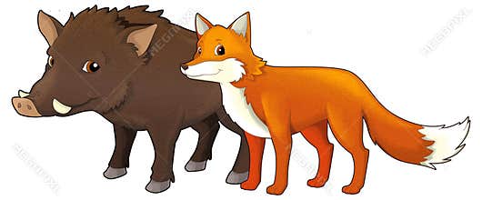 Cartoon wild animal wolf or dog happy fox and owl isolated illustration for children
