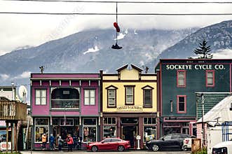 Storefronts in a commercial street of Skagway, Alaska