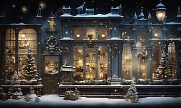 A winter scene of a city store front decorated for Christmas.