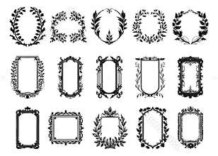 Medieval etching frames. Ornamental floral twigs royal vintage frame elements, foliage etched typographic borders on