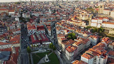 The Old City Of Porto In Portugal, Europe, 4K Aerial Skyline Drone View, Sunset.