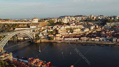 The Old City Of Porto In Portugal, Europe, 4K Aerial Skyline Drone View, Sunset.