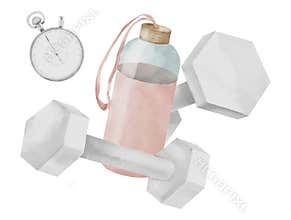 Composition of dumbbells with stopwatch and water bottle. Women's Fitness exercise equipment on white isolated