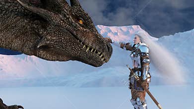 White haired female warrior knight petting the dragon against the backdrop of snow capped mountains. Fantasy artwork
