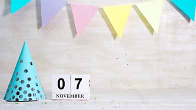 Birthday November 7 on the calendar. Happy birthday card with date copy space. Holiday decorations for congratulations