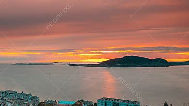 Alesund, Norway. Amazing Natural Bright Dramatic Sky In Warm Colours Above Alesund Valderoya And Islands In Sunset Time