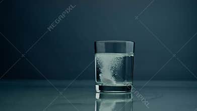 Effervescent tablet falling glass with water closeup. Dropped medicine bubbling