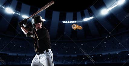 Poster with professional baseball player with baseball bat in action during match in crowed sport stadium at evening