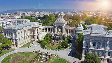 Longchamp palace park complex historical construction of classic architecture touristic place with fountain royal