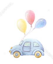 Baby shower boy watercolor clipart. Baby car with balloons. Pre-made composition. White background