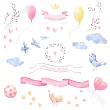 Baby shower girl watercolor clipart. Birds, hearts, clouds, branches, ribbons, stars, balloons