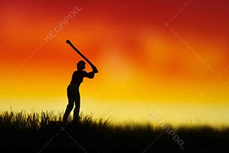 Miniature people toy figure photography. Silhouette of women golfer swing his stick at meadow field hill when sunset sunrise