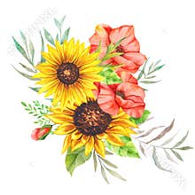 Watercolor sunflowers bouquet, hand painted sunflower bouquets, sunfower flower arrangement. Wedding invitation clipart elements.