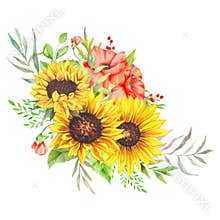 Watercolor sunflowers bouquet, hand painted sunflower bouquets, sunfower flower arrangement. Wedding invitation clipart elements.