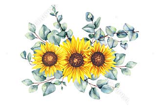 Watercolor sunflowers bouquet, hand painted sunflower bouquets, sunfower flower arrangement. Wedding invitation clipart elements.