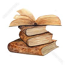 A stack of old books written in watercolor.