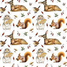 Woodland watercolor pattern forest animals, leaves, mushrooms, berries. Baby deer, rabbit, squirrel, bird, butterfly