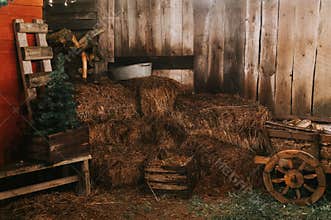 sheaves of hay in a wooden barn. harvesting food dry straw for feeding livestock. rustic country retro scene