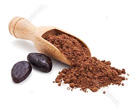 Cacao beans and cacao powder on white