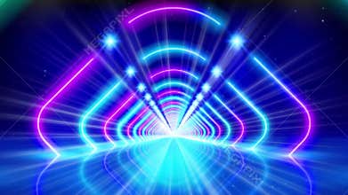 Glowing neon lines, tunnel, led arcade. Bright stage light. Pink blue purple corridor glowing neon arch, perspective. Abstract
