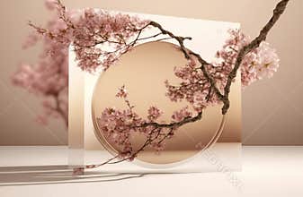 Cherry blossoms and round podium on a brown background. Cherry blossoms in spring.