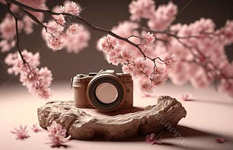 Cherry blossoms and round podium on a brown background. Cherry blossoms in spring.