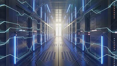 Data centers with people working are technology-connected and mining AI. Server racks in computer network security server room
