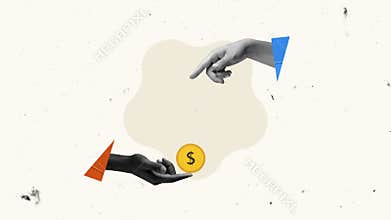 Human hands reaching coin symbolizing online financial business. Bitcoin. Stop motion, animation. Conceptual design.