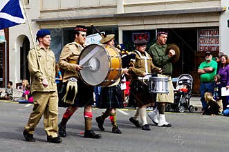 Men In Kilts Playing Bagpipes And Drums For Parade Yuba City CA