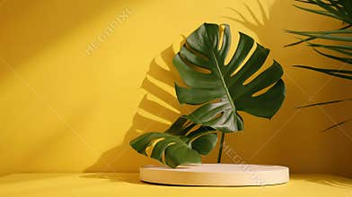 Podium with monstera plant on color background. Mockup for design.