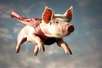 Funny piglet flying in the sky. Conceptual photo of a piglet.